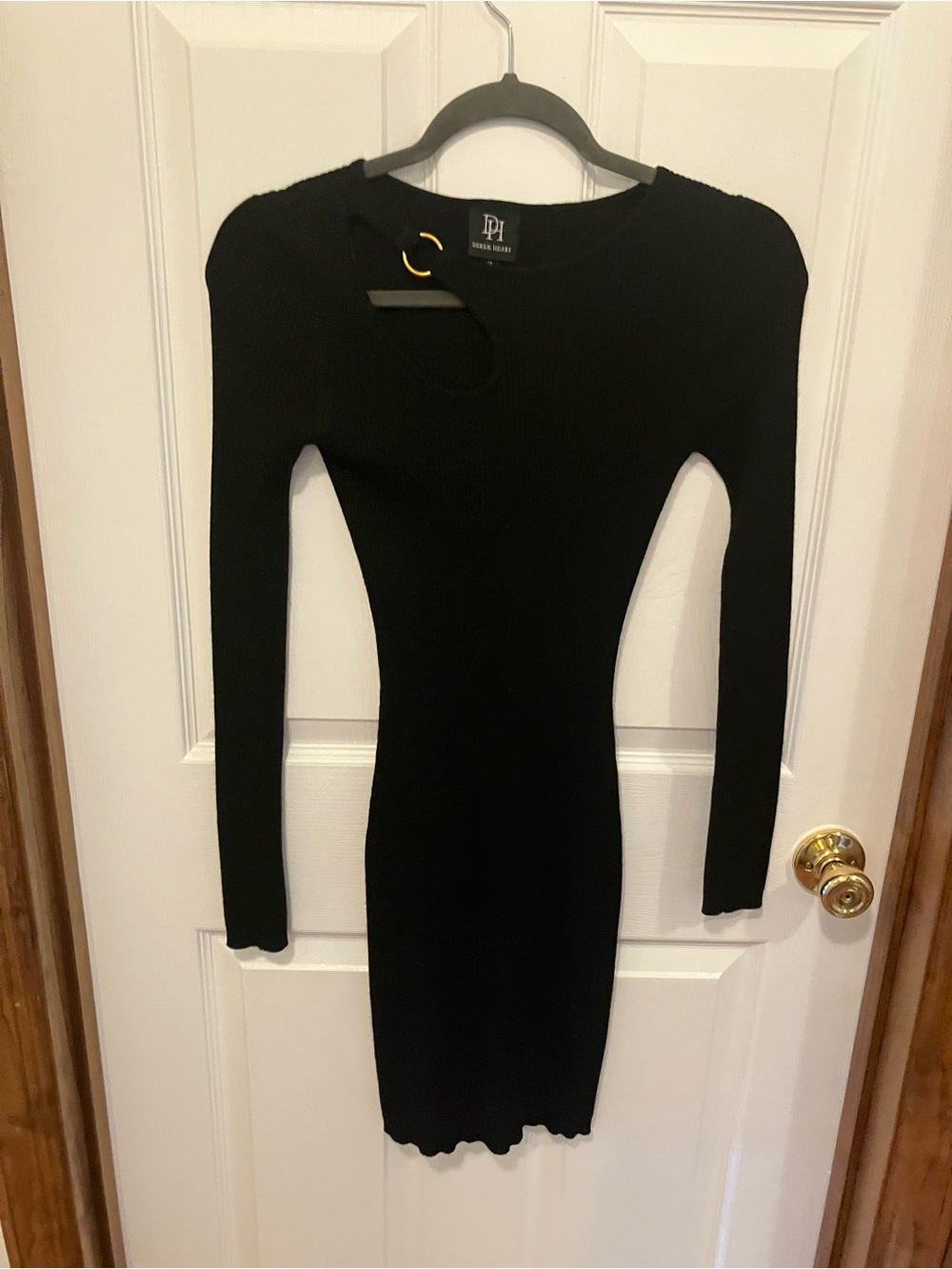 Derek Heart Black Long-Sleeve Ribbed sweater Dress with Gold Ring Detail